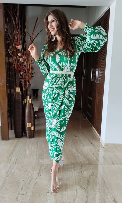 Green White Dress with Belt